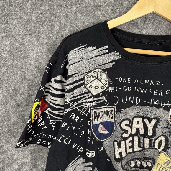 Vintage 90s Akademiks Jeanius Society‎ T Shirt Men's Black Say Hello - Picture 4 of 11